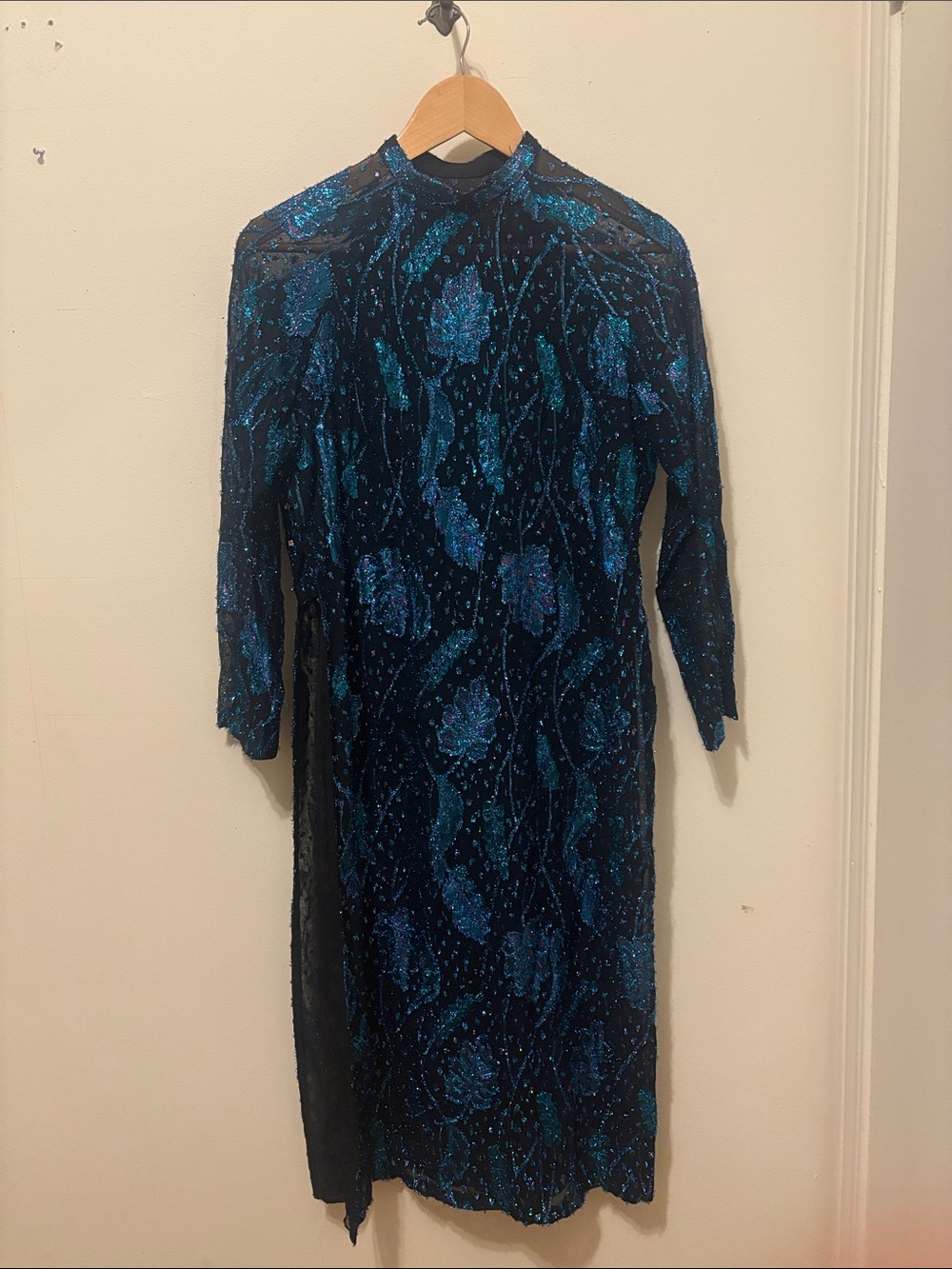 Vintage Vietnamese Ao Dai Asian Shimmery Metallic Sheath Dress Floral Motif